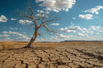 drought landscape with dry cracked earth and dead tree. Global warming concept
