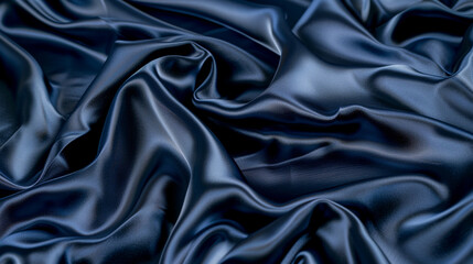 Fototapeta premium Beautiful dark blue silk satin background. Soft folds on shiny fabric. Luxury background with copy space for text, design. Web banner. Flat lay, top view table.Birthday, Christmas, Valentine's Day.