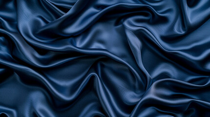 Obraz premium Beautiful dark blue silk satin background. Soft folds on shiny fabric. Luxury background with copy space for text, design. Web banner. Flat lay, top view table.Birthday, Christmas, Valentine's Day.