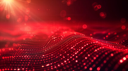 Abstract red tech background with digital waves, Dynamic network system, Artificial neural connections, Technology background.