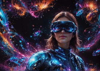 Young woman experience VR headset is using augmented reality eyeglasses