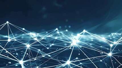 A serene and sophisticated pattern of white and baby blue lines connecting light points over a navy blue background offering a tranquil plexus effect with a designated space for text on the right