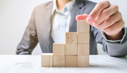 ビジネスマンが立方体の木のおもちゃのブロックを積み上げる、ビジネス目標を達成するためイメージ