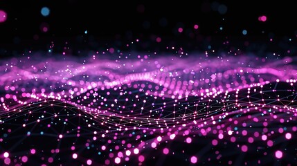 A shimmering backdrop of interconnected neon pink and purple dots forming a dynamic mesh over a black background with ample space for text above the central plexus