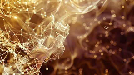 A soft and elegant network of gold and cream connections on a deep brown background forming a luxurious plexus pattern with ample space for text in the upper left corner