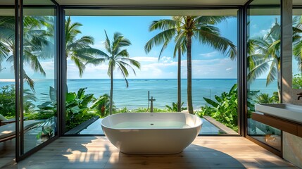 Obraz na płótnie Canvas A large bathroom with an elegant bathtub overlooking the sea and palm trees, featuring panoramic windows that open to outdoor views of lush greenery and azure waters. 