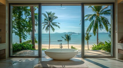 A large bathroom with an elegant bathtub overlooking the sea and palm trees, featuring panoramic windows that open to outdoor views of lush greenery and azure waters. 