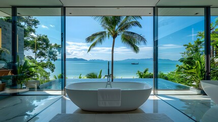 A large bathroom with an elegant bathtub overlooking the sea and palm trees, featuring panoramic windows that open to outdoor views of lush greenery and azure waters. 