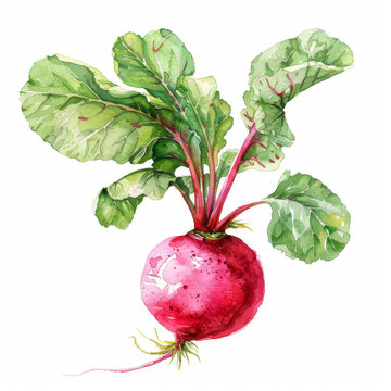 Beautifully rendered watercolor illustration of a fresh red beetroot with leaves.