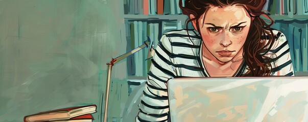 A young woman in a striped shirt is looking at her laptop with a worried expression on her face
