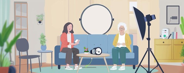 Two young women sit on a couch in front of a ring light, recording a video for their social media channelA happy elderly couple is sitting at a table and counting their money