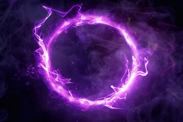 A black backdrop features a glowing purple ring frame, resembling a magic circle with energy waves and light.