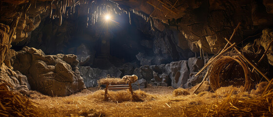 A cave, where a significant event took place, is filled with an empty manger and hay, illuminated by soft light from above.