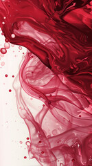 A red and white background displays flowing liquid shapes, red bubbles, and soft curves and lines in dark crimson shades.