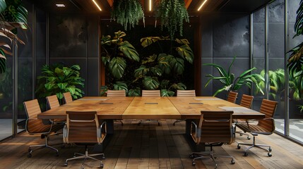 Obraz premium A large wooden conference table with leather chairs in an office room with dark walls and green plants