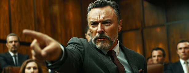 An angry boss stands up and points at a seated individual during a team meeting, captured in a cinematic still.