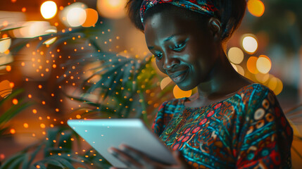 Digital online marketing commerce sale concept. African woman using tablet payments online shopping and icon customer network connection on hologram virtual screen 