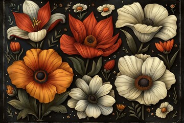 Realistic Textured Botanical Clipart Collection of Hand-Drawn Flowers