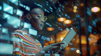 Digital online marketing commerce sale concept. African woman using tablet payments online shopping and icon customer network connection on hologram virtual screen 