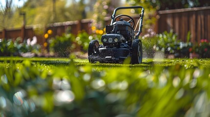 A lawnmower in action, mowing the grass on an expansive lawn with green and lush foliage. 