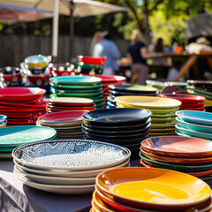 A table at an outdoor garage sale displays colorful plates and bowls, with other tables in the background.