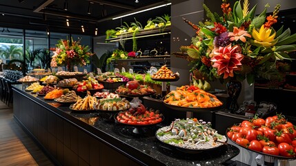 A luxurious corporate event with an exquisite food station featuring a variety of mouthwatering dishes,  for guests at the company's conference or office party.