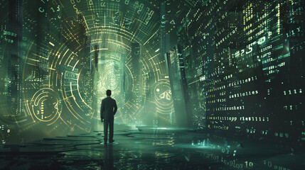 
journey into the unknown, discovering and imaginary world made of numbers math numbers and symbols math genius with futuristic calculator imaging a world made of numbers 