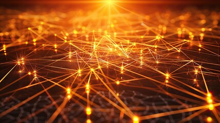 Fototapeta premium A sprawling network of orange and yellow light points connected by thin radiant beams over a shadowy backdrop specifically leaving the lower half for text placement