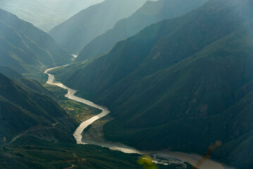 Chicamocha river flows through a canyon, mountainous Andean scenery in Santander, Colombia, at...