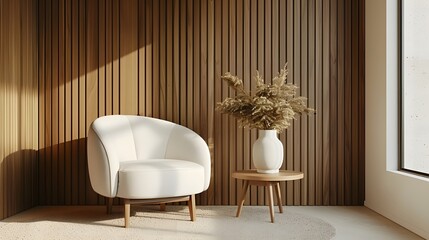 A minimalist interior design with a white armchair, coffee table and vase on the right side, wooden wall panel behind, beige carpet underfoot, modern home decor.