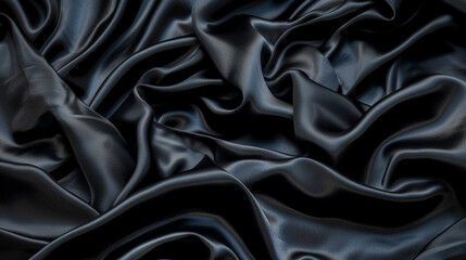 Fototapeta premium Black silk satin surface. Dark elegant background with space for design. Text or product. Table top view. Flat lay. Template. Empty. Creases in fabric. Folds.