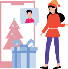 The girl is looking at her Christmas present.