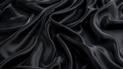 Obraz premium Black silk satin surface. Dark elegant background with space for design. Text or product. Table top view. Flat lay. Template. Empty. Creases in fabric. Folds.