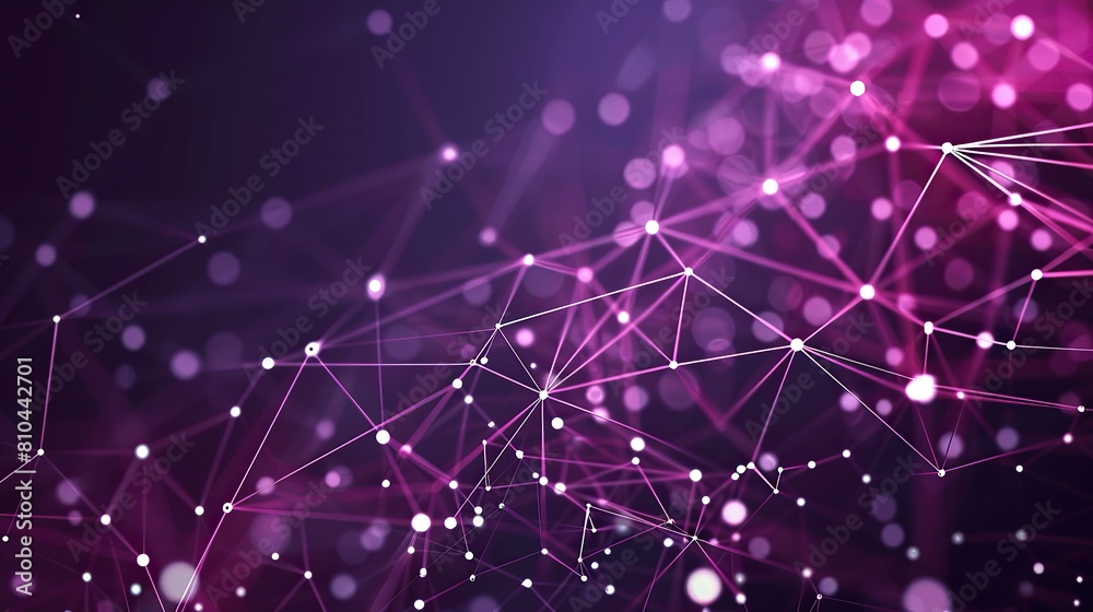 Poster a striking display of magenta and violet dots connected by silver beams on a dark purple background 