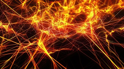 A vibrant and energetic plexus of neon orange and yellow lines forming a digital firestorm on a black background specifically arranged to leave ample room for text in the upper half