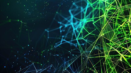 A vibrant and energetic plexus of neon green and blue lines forming a digital mesh on a dark background designed with a large open area on the right for text
