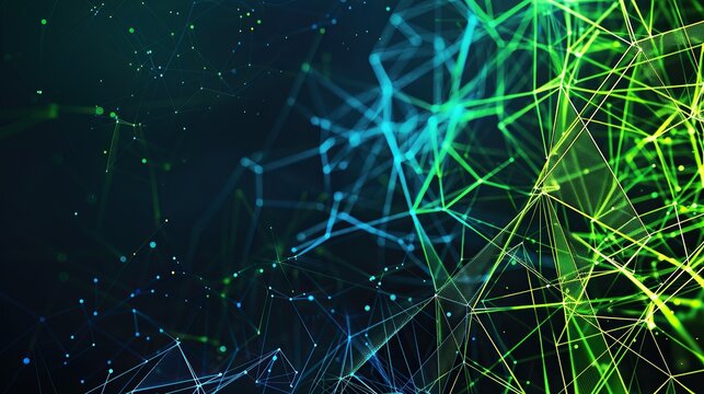 A vibrant and energetic plexus of neon green and blue lines forming a digital mesh on a dark background designed with a large open area on the right for text