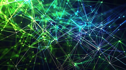 Obraz premium A vibrant and energetic plexus of neon green and blue lines forming a digital mesh on a dark background designed with a large open area on the right for text