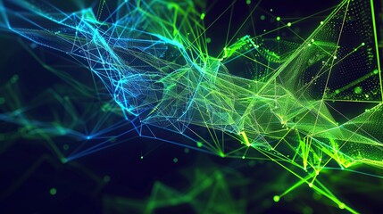 A vibrant and energetic plexus of neon green and blue lines forming a digital mesh on a dark background designed with a large open area on the right for text