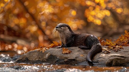A cute otter is sitting on a rock in the middle of a river. The otter is looking at the camera with a curious expression. The background is a blur of orange and yellow leaves. - Powered by Adobe