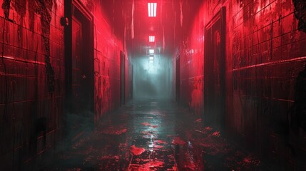 A dark hallway with red walls and a red light