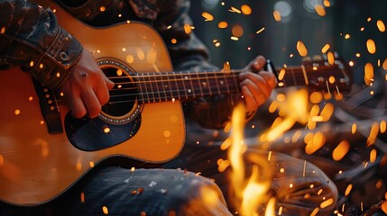 Obraz premium A man playing guitar by the bonfire at night. The sparks from the fire are flying around.