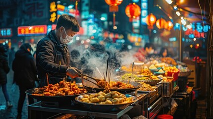 A street food vendor is cooking a variety of delicious dishes at a night market