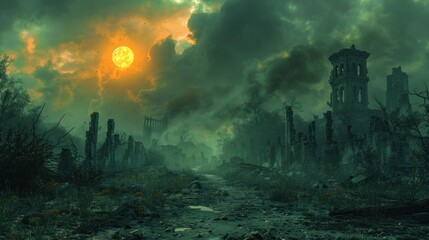 Fototapeta premium A desolate landscape with a large sun in the sky