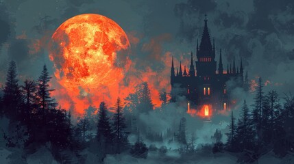 A large red moon hangs over a castle in the woods