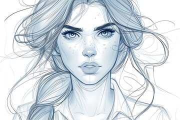 Fototapeta premium Elegant Flowing Hair: Mysterious Woman Line Drawing