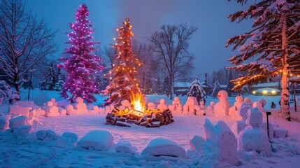 A winter wonderland of snowman and Christmas trees all lit up at night.