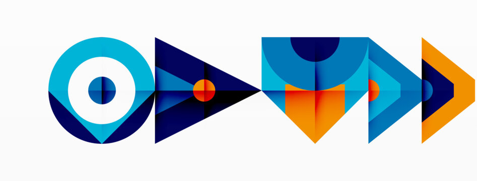 A logo design featuring a triangle and rectangle in electric blue and orange colors. Arrows symbolize direction and symmetry. The font choice adds an artistic touch to the pattern of parallel lines
