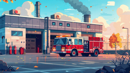 Modern fire truck parked in front of an industrial-style fire station with smokestacks and autumn scenery.