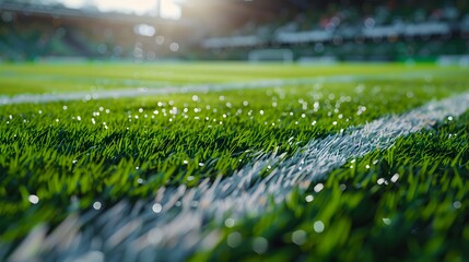 Close up of green soccer grass with white lines on the field, blurred stadium background.